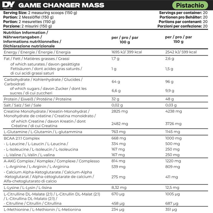 Nutritional values and ingredients DY Nutrition Game Changer Mass (Pistachio nut, 3000 g)