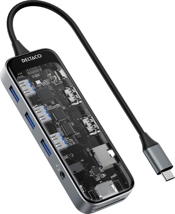 Actual product image Deltaco USB-C docking station 3xUSB/SD/microSD/2xHDMI/RJ45 (USB-C, 10 Ports)