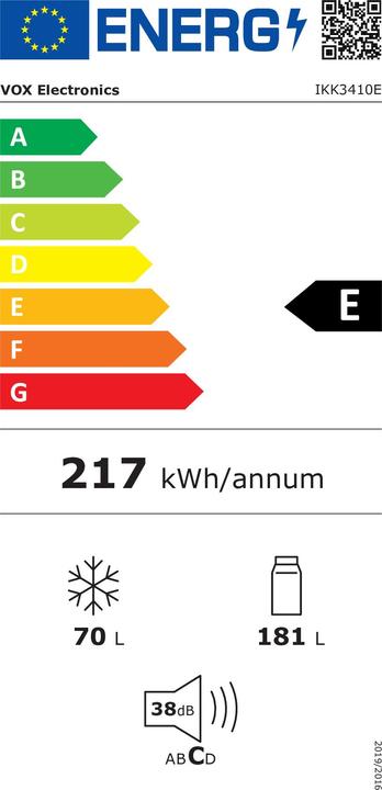Energy Label Vox Built-in refrigerator IKK 3410 E (E, R:181 l, F:70 l, V:177cm, LessFrost) (251 l)