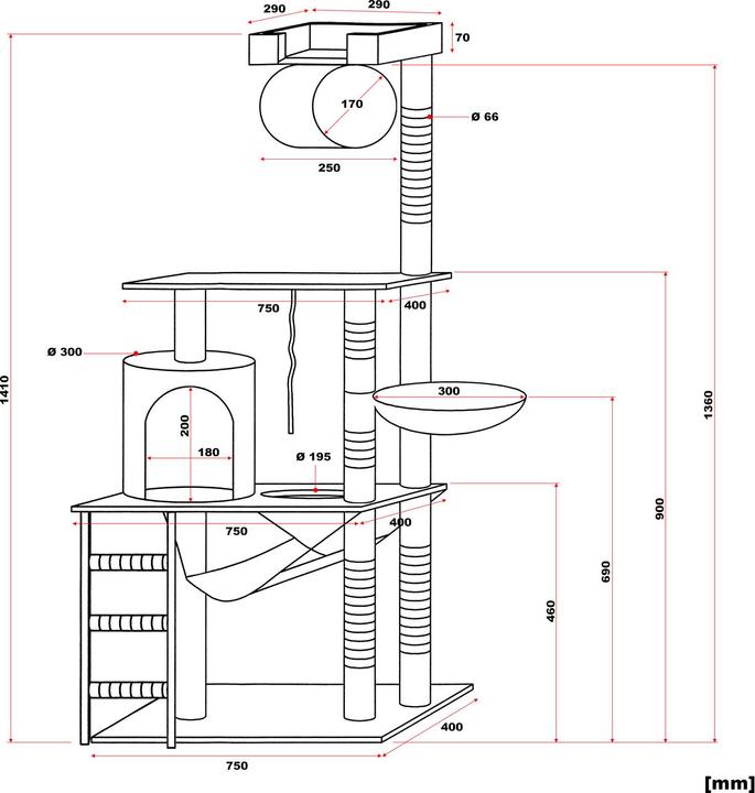 Actual product image Wiltec Cat Tree Grey Sisal 141cm Scratching Post Climbing Tree Cats Play (141 cm, Grey)