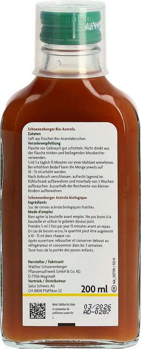 Valeurs nutritives et ingrédients Schönenberger Acérola suc de plantes fraîches Bio sirop (1 pièce(s), Liquide, 434 g)