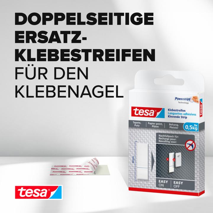Image du produit tesa Powerstrips pour papier peint et plâtre, capacité de maintien de 0,5kg, 9x bandes adhésives double