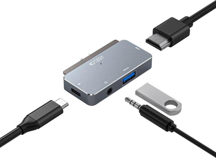 Image du produit Tech-Protect HUB V6 4en1 USB-C - USB-A 3.0 / USB-C PD100W / HDMI / mini jack 3.5mm - gris (USB-C, 4 Ports)