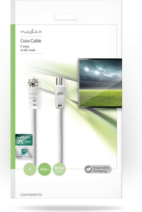 Actual product image Nedis Satellite & Antenna Cable F Male IEC (Coax) Male Nickel Plated 75 Ohm Double Shielded 5.00 m R (75 dB, Antenna cable)