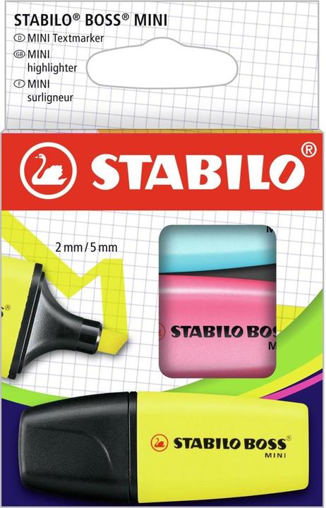 STABILO BOSS MINI Textmarker (Gelb, Pink, Blau, 5 mm, 3 x)