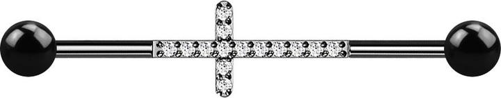 Star Piercing Barbell schwarz mit zwei Kugeln Kreuz mit Kristallen silber (ohne Messing, Titan G23)