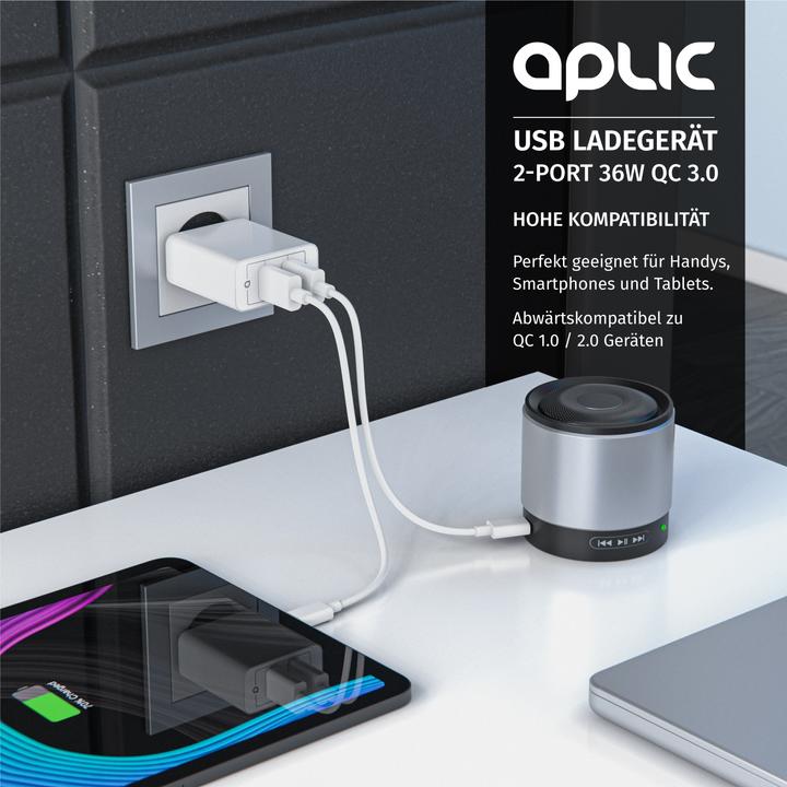 Produktbild Aplic USB Ladegerät, 2-Port Quick Charge USB Ladegerät 36 W / 6000 mA / Schnellladefunktion, weiss (36 W)