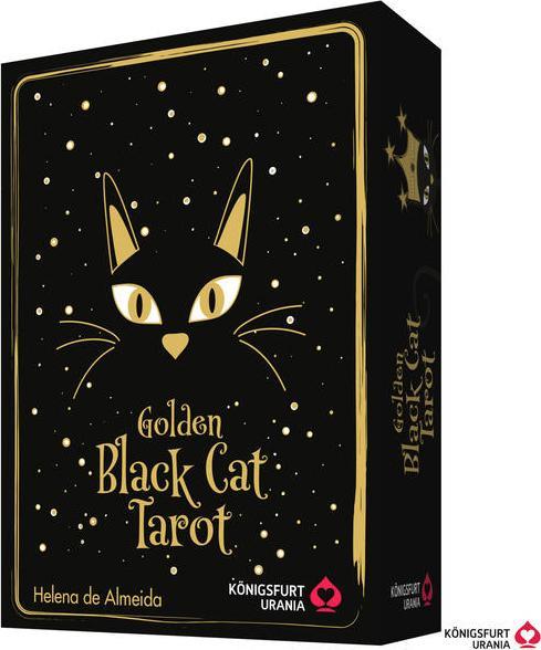 Actual product image Golden Black Cat Tarot - Hochwertige Stülpdeckelschachtel mit Goldfolie (German, Helena de Almeida, 2022)