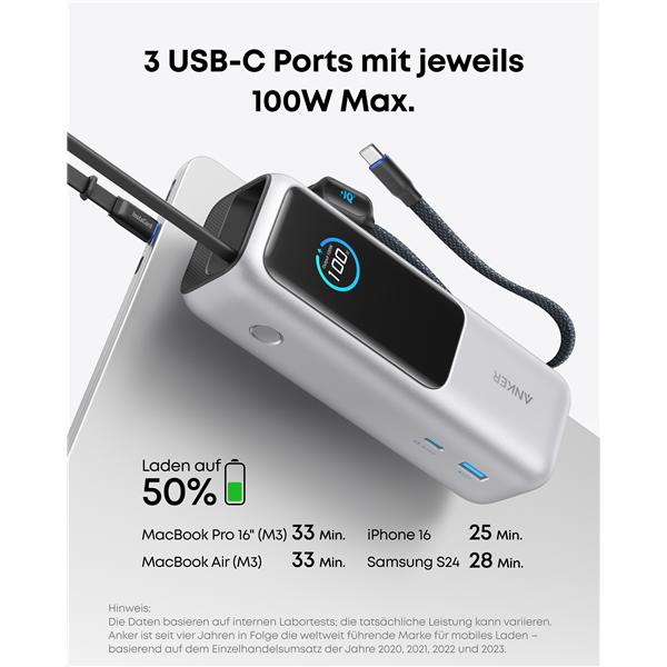 Actual product image Anker 165W, 3 x USB-C, 1 x USB-A Power Bank Silver