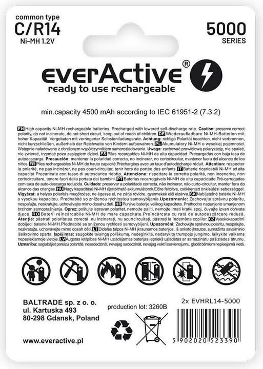Productafbeelding Everactive Oplaadbare batterijen Ni-MH R14 C 5000 mAh Professional - Batterij - Baby (C) (2 Pcs., C, 5000 mAh)