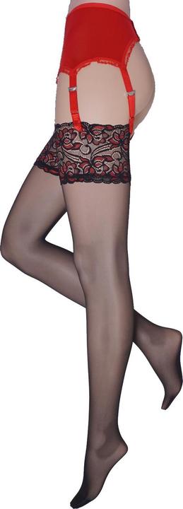 Actual product image Levee Satin Sheers suspender stockings, colour 601 black-red, size 58-60 (20 DEN, 58 - 60)