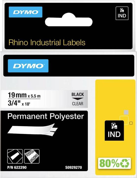 Dymo Rhino 19mm schwarz auf Hell Perm Poly (1.90 cm, Transparent)