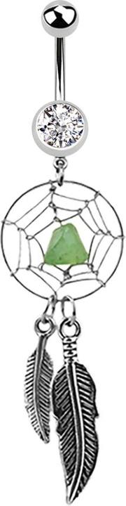 Image du produit Star Piercing Banane argent avec pendentif attrape-rêves et deux plumes argent pierre verte (sans laiton, Acier chirurgical 316L)