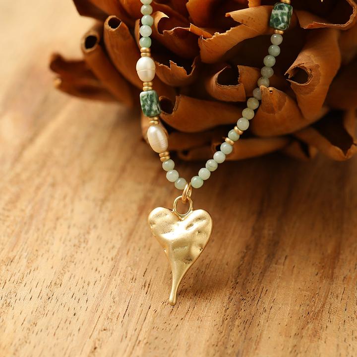 Image du produit Andreani Collier avec petit pendentif coeur en jade naturel véritable (doré) (Pierres)