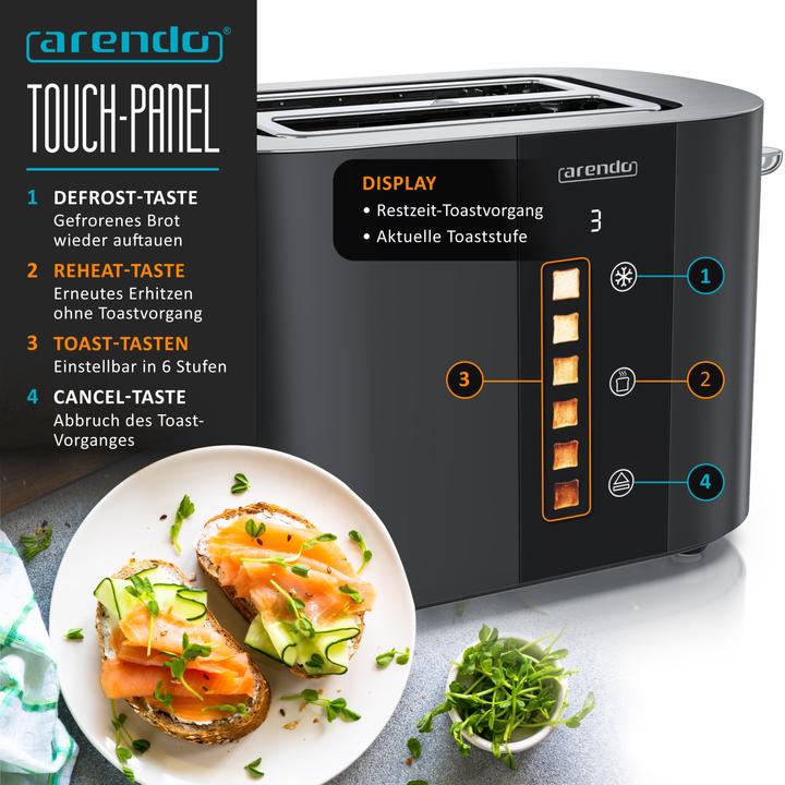 Produktbild Arendo Toaster Edelstahl 2 Scheiben Kurzschlitz, Touch Display, Bräunungsgrad & Restzeitanzeige, 800 W (EU-Stecker)