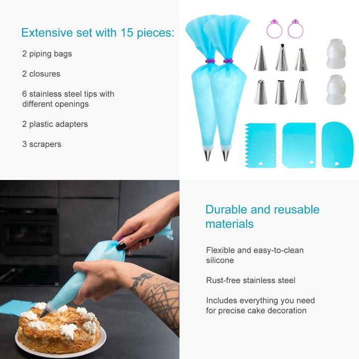 Actual product image Intirilife Piping bag with stainless steel nozzles (15-piece set) (Piping bag set)