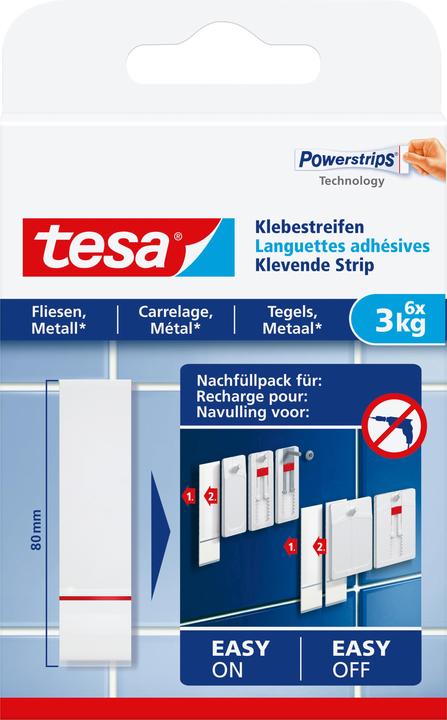 tesa Powerstrips for tiles & metal, 3kg holding power, 6x double-sided adhesive strips