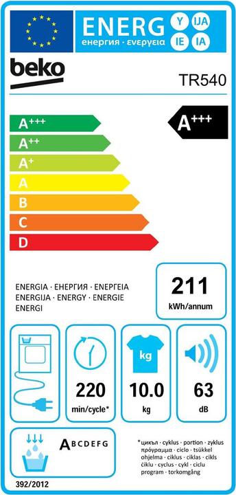 Etichetta energetica Beko Asciugatrice TR540, 10kg, A+++ (10 kg)
