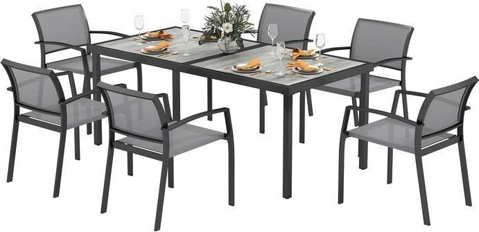 Actual product image Swisshandel24 7 tlg. Essgruppe für 6 Personen, Stühle stapelbar, Stahlgestell, Grau (87 cm)