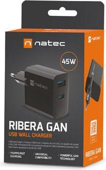 Actual product image Genesis Ladowarka sieciowa Natec Ribera Gan 1x USB-A + 1x USB-C 45W czarna (45 W)