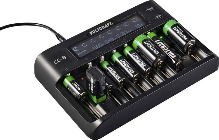 Produktbild Voltcraft CC-8 Rundzellen-Ladegerät (1 Stk., 10340, 14500, 16340, 17500, 18490, 18500, 18650, 21700, 22650, 26500, 26650, Sub-C, A, 9V Block, AA, AAA, Ladegerät ohne Akku)