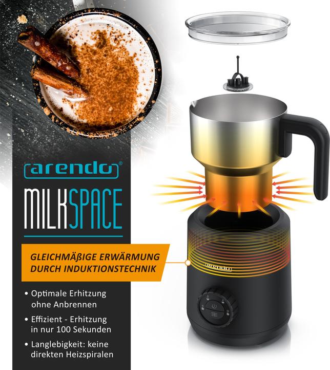 Produktbild Arendo Milchaufschäumer 4in1 Induktion, warm & kalt Schaum, 400ml, Edelstahl, 50 W, spülmaschinengeeignet (42 cl)