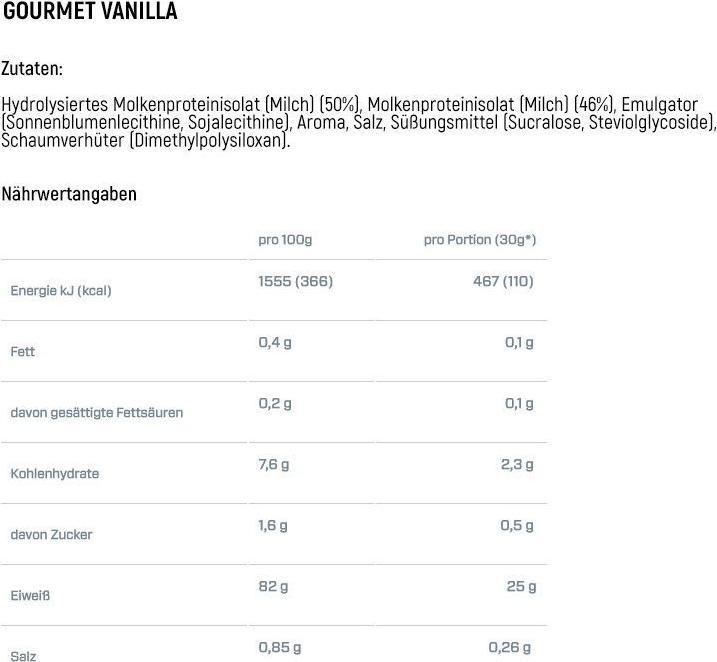 Valeurs nutritives et ingrédients Dymatize Iso 100 (Vanille, 1 pcs, 2264 g)
