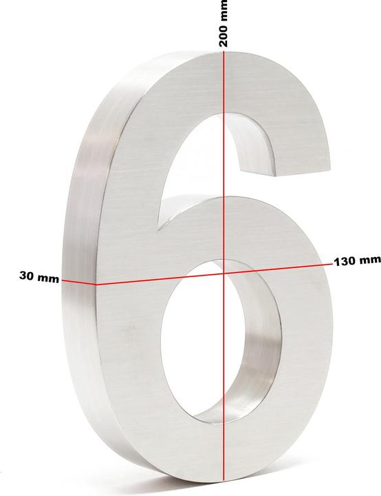 Actual product image Wiltec Stainless Steel 3-D House Number "6" Arial 20cm Rustproof and Weather-resistant with Satin