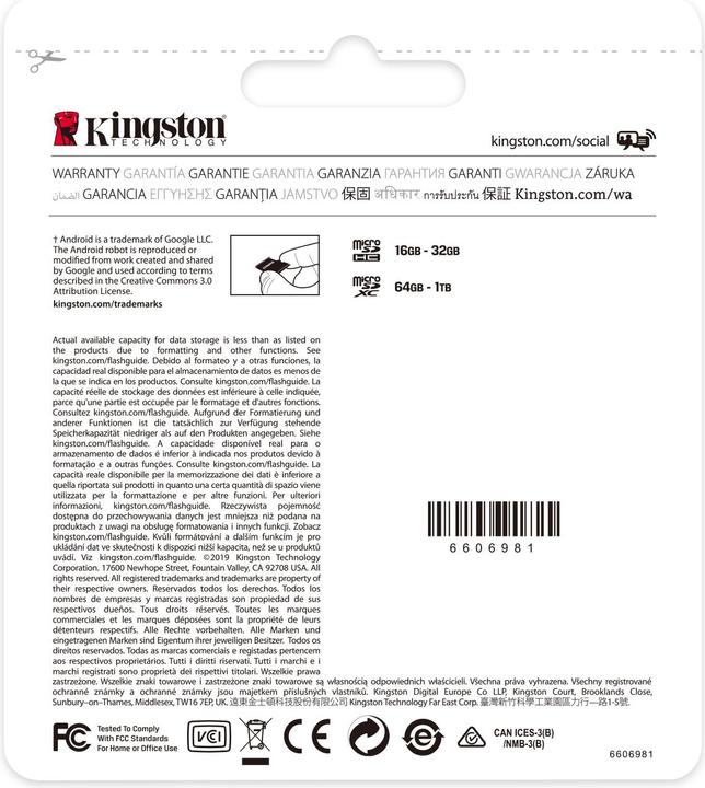 Actual product image Kingston Canvas Select Plus microSD 64GB (64 GB, microSDXC, U3, UHS-I)