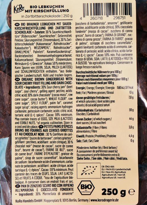 Actual product image KoRo Organic brown gingerbread with sour cherry fruit filling and dark chocolate (1 pcs., 3000 g)