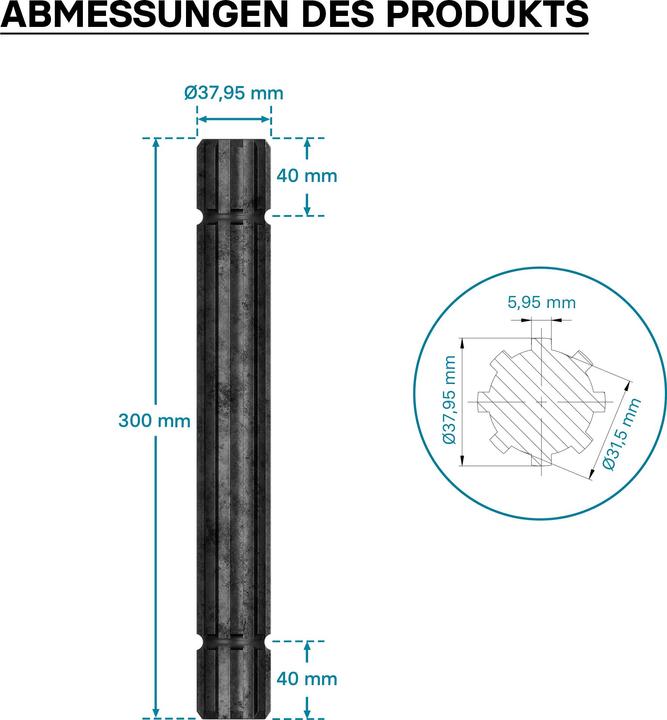Actual product image Wiltec PTO Spline Shaft GT2 Type 300mm Multi Spline for PTO Shaft 8-32x38x6 Tractor Attachment (Lawn tractor, Tractor accessories)