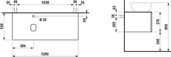 Actual product image Laufen Il Bagno Alessi drawer unit, 1 tap hole, stone top Marrone Naturale, cutout left, 120x50x37cm