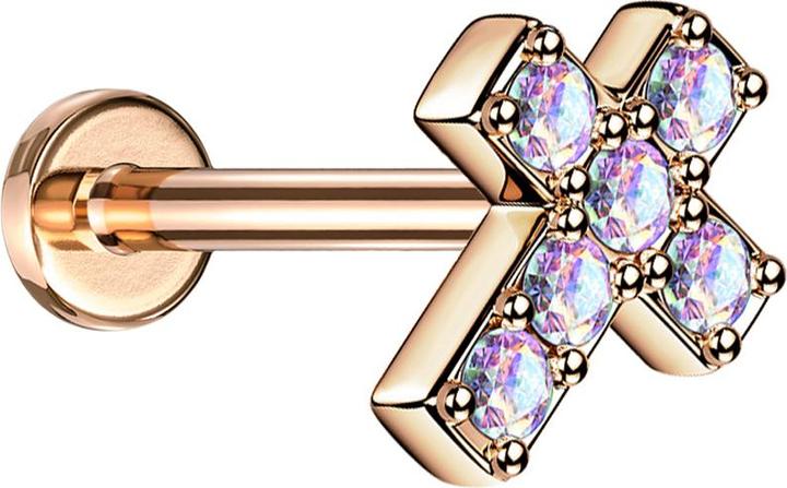Produktbild Star Piercing Micro Labret Innengewinde rosegold Kreuz mit Kristall multicolor (Chirurgenstahl 316L, ohne Messing)