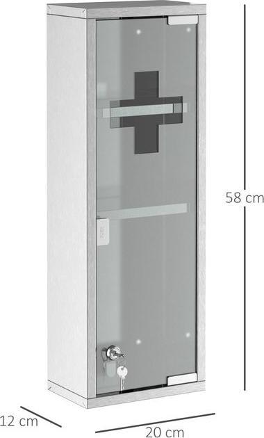 Produktbild Swisshandel24 Medizinschrank Arzneischrank Erste-Hilfe-Schrank mit Schloss 3 Fächer Mattglas 430 Edelstahl+gehärte (20 x 12 x 58 cm)