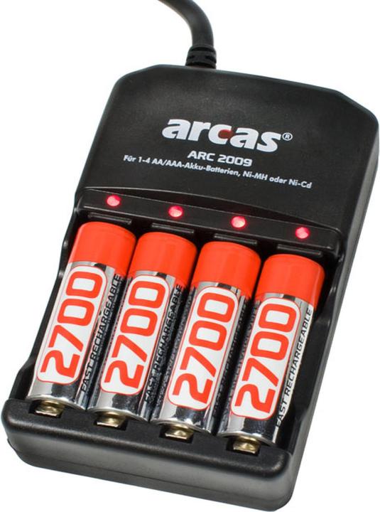 Arcas Chargeur avec 4 accus R6 NiMH 2700 mAh (4 pcs, AA, AAA, 2700 mAh, Piles rechargeables + chargeur)