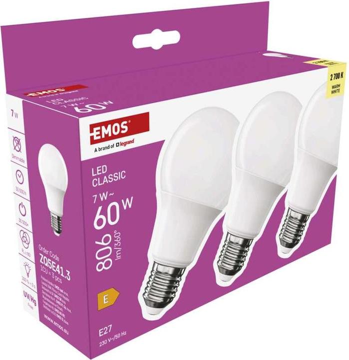 Actual product image Emos LED lamp Classic A60 / E27 / 7 W (60 W) / 806 lm / Warm white (E27, 7 W, 806 lm, 3 x, E)