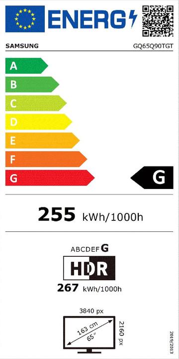 Energie-Label Samsung GQ65Q90TGT - 163 cm (65") Diagonalklasse Q90T Series QLED TV - Smart TV - 4K UHD (65", QLED, 4K)