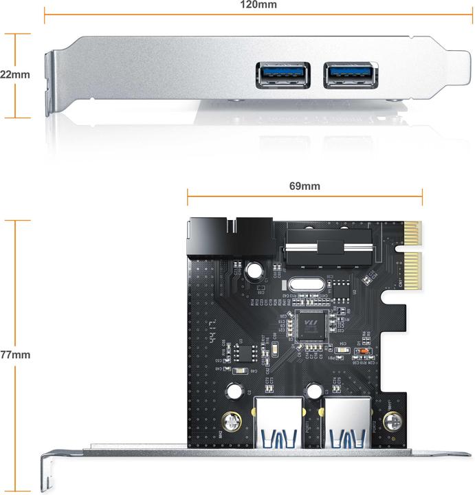 Produktbild CSL USB 3.2 Gen1 PCI Express Card PCIe Controller - 2X Externe 1 x intern Header - Schnittstellenkarte