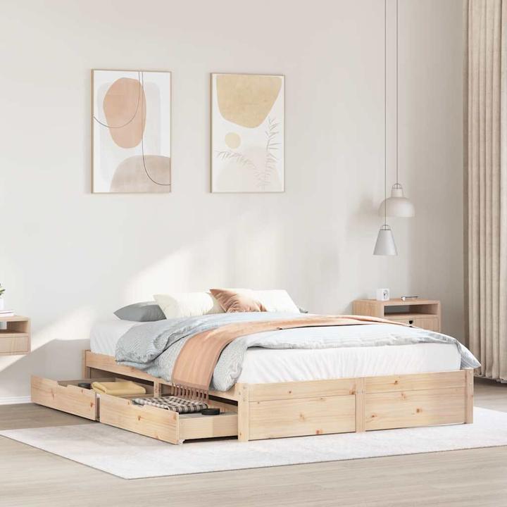 Produktbild VidaXL Massivholzbett Holzbett Bett Doppelbett mit Schubladen 150x200cm Kiefer (150 x 200 cm)