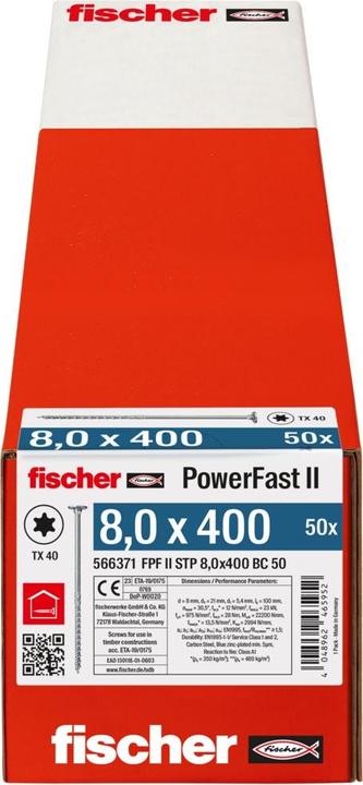 Produktbild Fischer Holzbauschraube Stufensenkkopf Power-Fast II 8x400 mm TG TX40 vz. (50 Schrauben pro Stück)