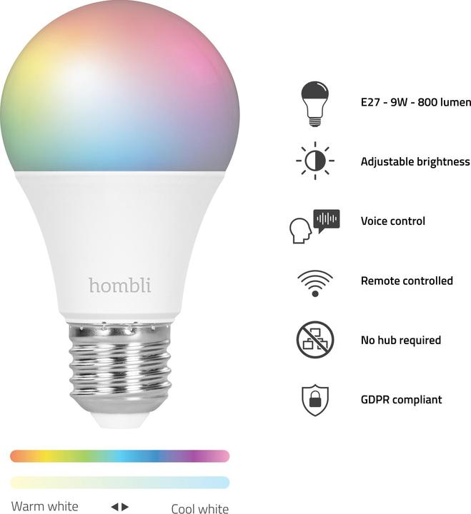 Energie-Label Hombli Smart Bulb 9W RGB (2x) (E27, 9 W, 800 lm, 2 x, F)