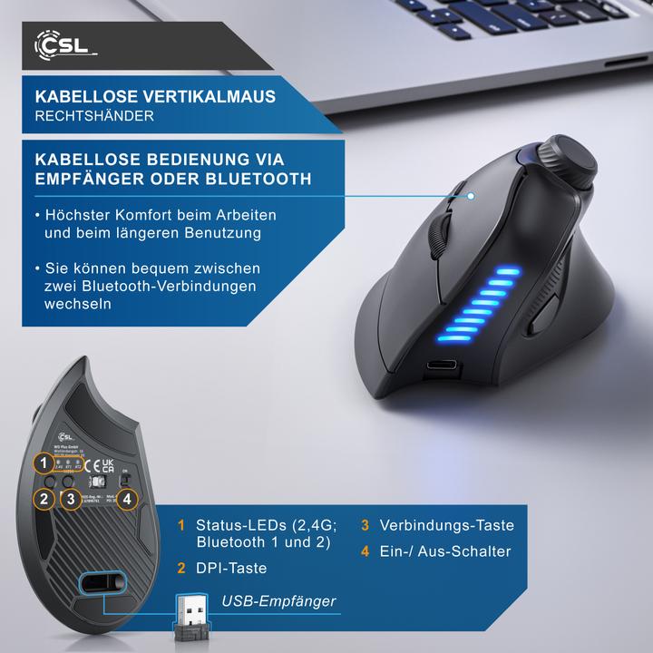 Image du produit CSL Souris verticale sans fil, 2,4 GHz sans fil & BT4.0, 250 dpi, contre le bras de la souris / tennis (Sans fil)