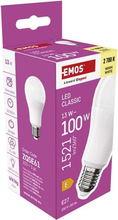 Immagine prodotto Emos Lampada LED Classic A60 / E27 / 13 W (100 W) / 1521 lm / Bianco caldo (E27, 13 W, 1521 lm, 1 x, E)