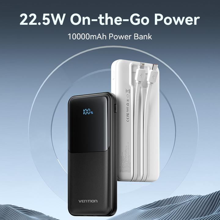 Actual product image Vention 10000mAh Power Bank (Micro-USB + USB-C + USB-A + USB-A) with Built-in USB-C and Lightning Cables 22. (10000 mAh, 37 Wh)