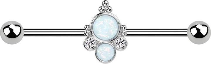 Star Piercing Barbell silber mit zwei Kugeln silber zwei Opale weiss zwei Kristalle silber (Chirurgenstahl 316L, Messing)