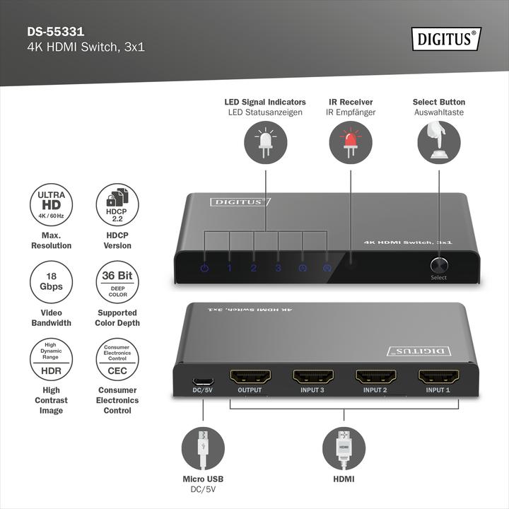 Produktbild Digitus 4K HDMI Switch, 3x1