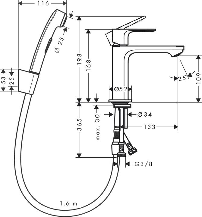 Image du produit hansgrohe Rebris E Einhebel-Waschtischarmatur 110 mit Bidette Duschkopf und Duschschlauch 160 cm ohne Ablaufga