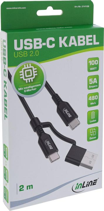 Image du produit InLine Câble USB-C 2 en 1 + adaptateur USB-A, USB 2.0, 100W, TPE, noir, 2m (2 m, USB 2.0)
