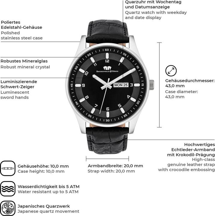 Produktbild Herren Quarzuhr Couragian Echtleder schwarz - 4466 (Analoguhr, 43 mm)