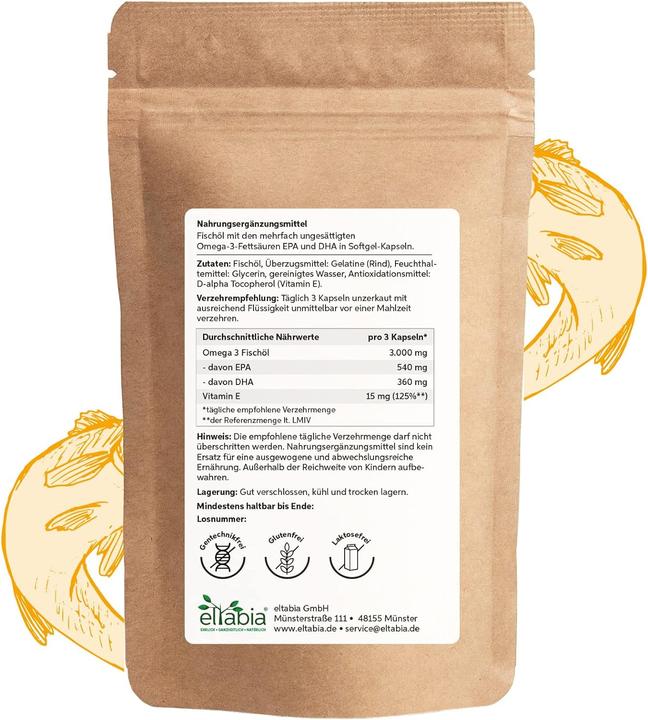 Produktbild Eltabia Omega 3 Kapseln 1000 mg Fischöl hochdosiert 3000mg Tagesdosis mit 18% EPA & 12% DHA (500 Stück, Kapseln)